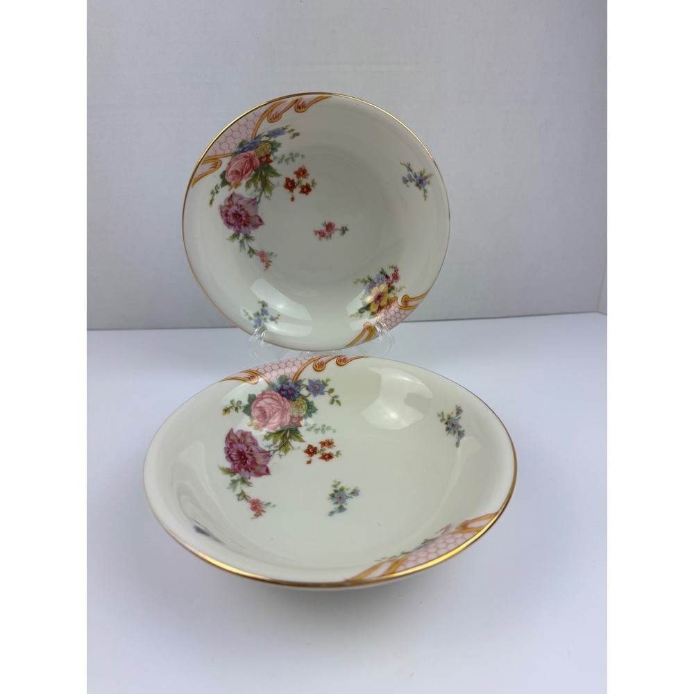 Vintage Epiag Czechoslovakia Ivory Floral Fruit Dessert Bowls Set of 2 Gold Rim
